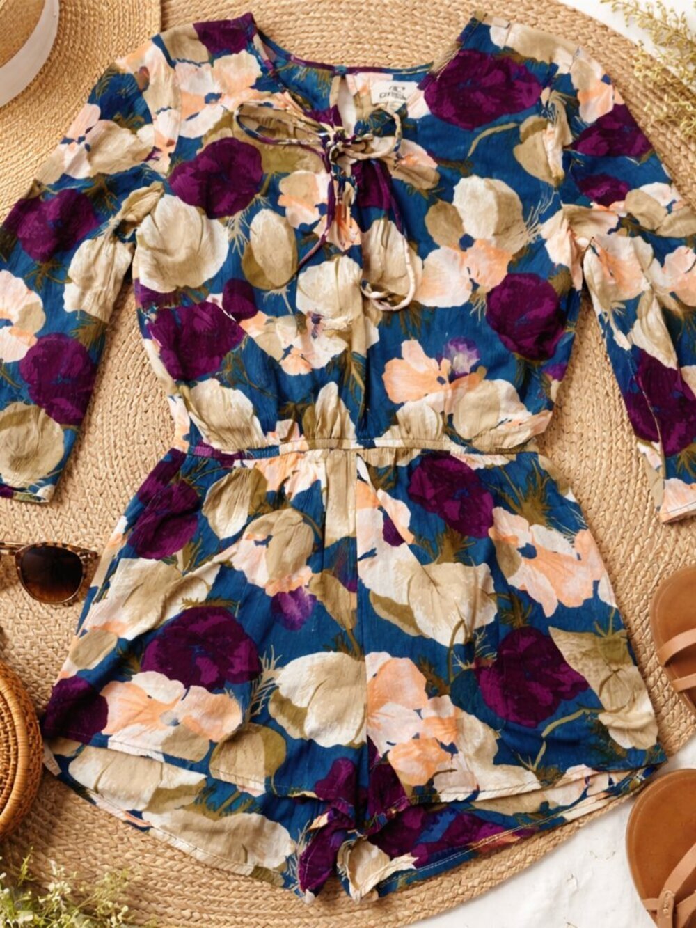 O’Neill Floral Romper Boho Long Sleeve Blue Cream Tie Front Size Small